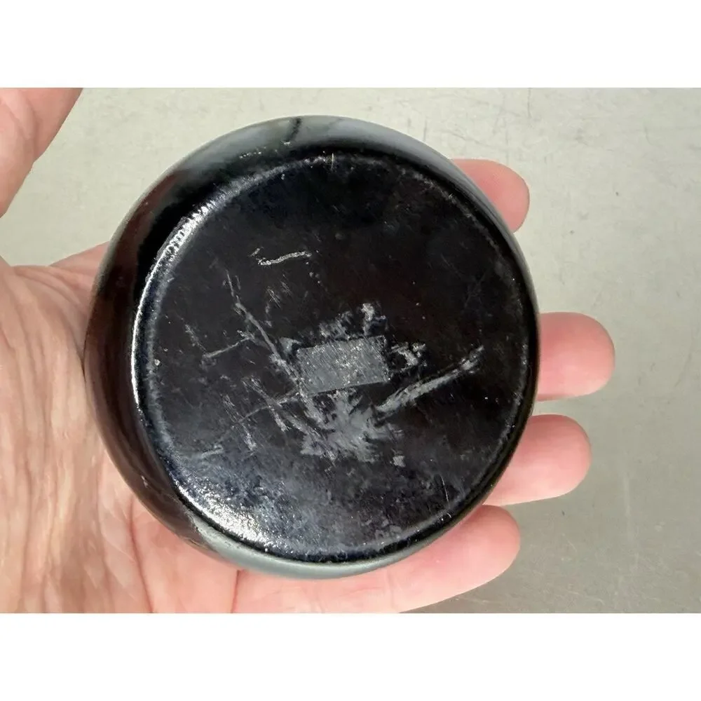 VTG Russian Black Round Metal Trinket Box Hand Painted Flowers Red Interior